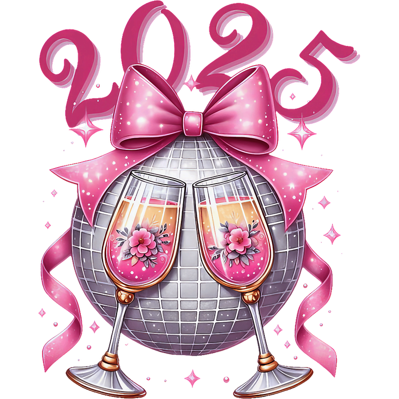 Celebrate the New Year 2025 with festive glasses of bubbly beside a shimmering disco ball adorned with a pink bow!DTF Transfers heat press transfers heat press transfers