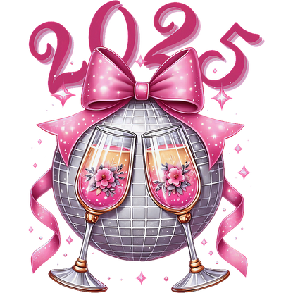 Celebrate the New Year 2025 with festive glasses of bubbly beside a shimmering disco ball adorned with a pink bow!DTF Transfers heat press transfers heat press transfers