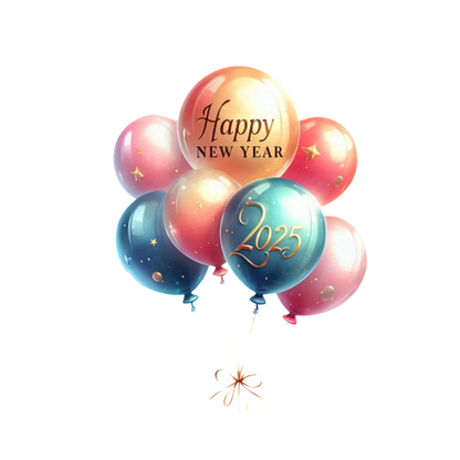 Celebrate the New Year with these colorful balloons featuring "Happy New Year" and "2025" for a festive touch!DTF Transfers