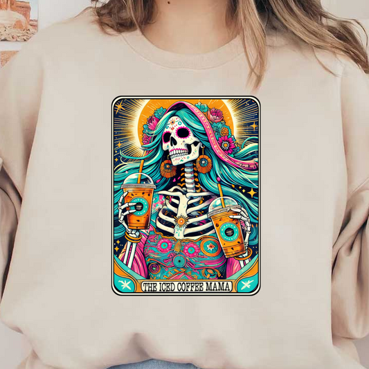 A vibrant and colorful illustration of a skeleton adorned with flowers, joyfully holding iced coffee drinks, capturing a lively, festive spirit.dtf regular iron