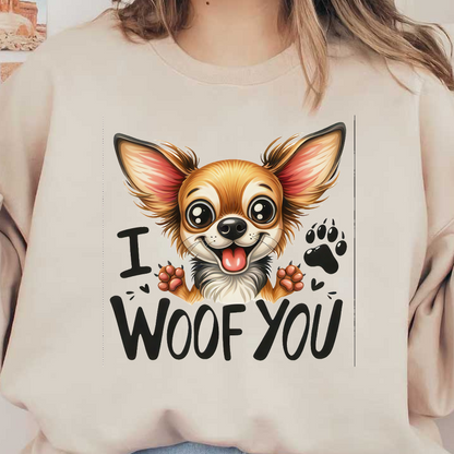 Un lindo chihuahua de dibujos animados con ojos grandes y una expresión alegre, acompañado del texto "I WOOF YOU".