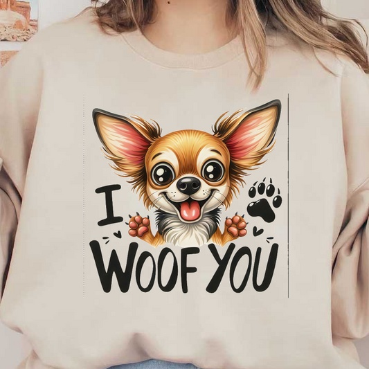 Un lindo chihuahua de dibujos animados con ojos grandes y una expresión alegre, acompañado del texto "I WOOF YOU".