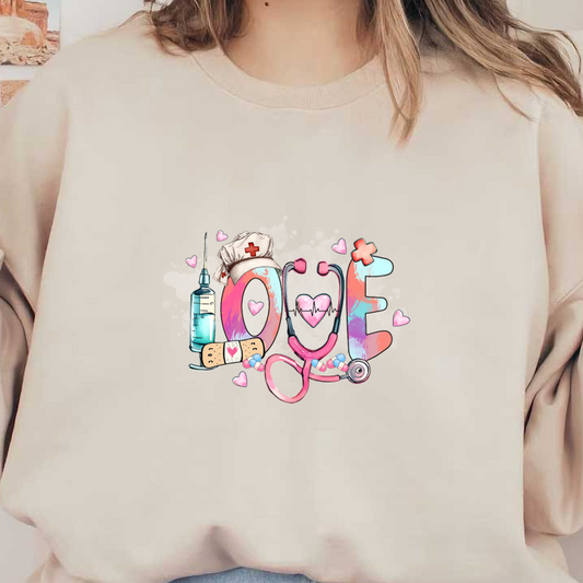 A vibrant and playful illustration spelling "LOVE" with medical elements like a syringe, stethoscope, and nurse's cap, adorned with hearts.DTF Transfers