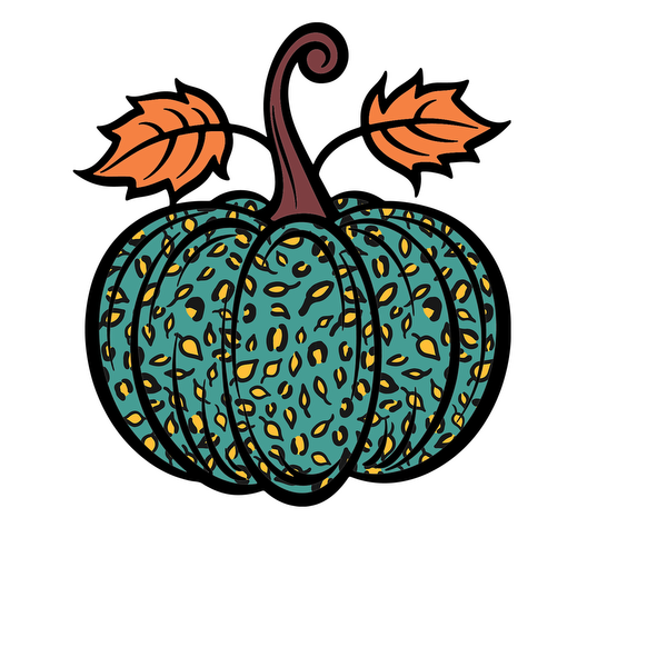 A whimsical teal pumpkin with a textured pattern and orange leaves, perfect for autumn decorations or Halloween fun.dtf regular iron