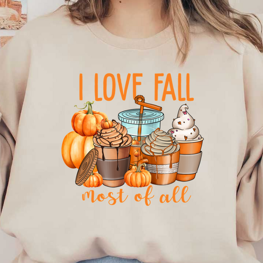 Autumn-themed graphic featuring pumpkins and delicious ice cream treats, celebrating the love for fall with vibrant colors. dtf prints