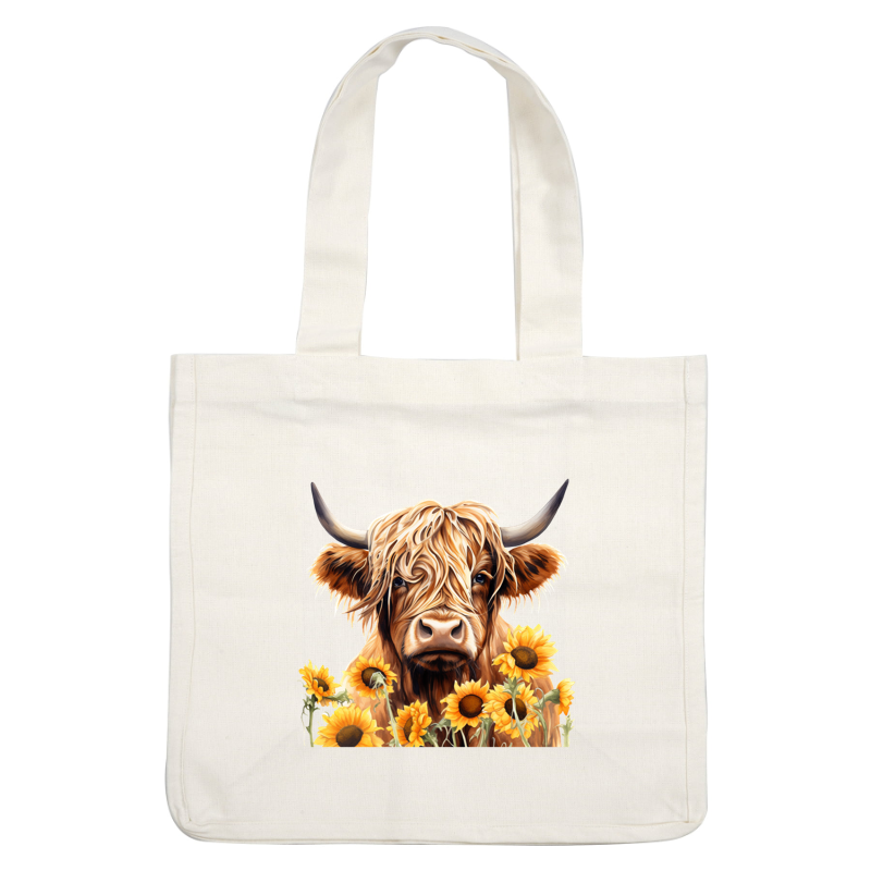 Una encantadora ilustración de una vaca de las Highlands rodeada de vibrantes girasoles, que muestra su distintivo pelo largo y peludo y su expresión gentil.