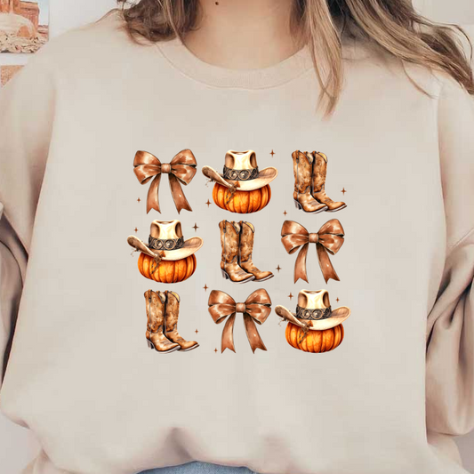 A whimsical collection of cowboy boots, hats, and pumpkins adorned with brown bows, perfect for a rustic fall theme. dtf prints