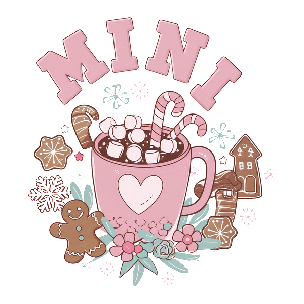 A whimsical pink mug filled with hot chocolate, marshmallows, and candy canes, surrounded by festive gingerbread and snowflakes.dtf regular iron