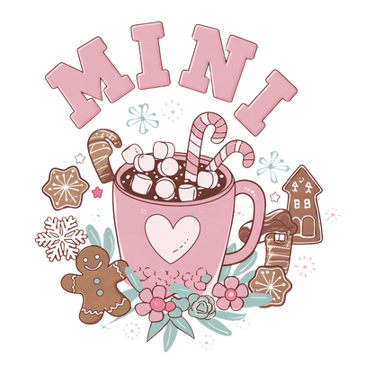 A whimsical pink mug filled with hot chocolate, marshmallows, and candy canes, surrounded by festive gingerbread and snowflakes.dtf regular iron