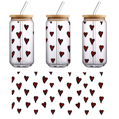 A playful pattern featuring assorted red hearts on a black background, perfect for adding a touch of love to any design.UV Transfers dtf prints heat press transfers