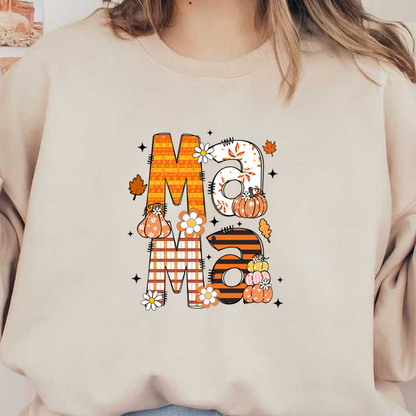 Un diseño vibrante con temática otoñal que presenta la palabra "Mamá" en letras divertidas adornadas con calabazas, flores y hojas de otoño.