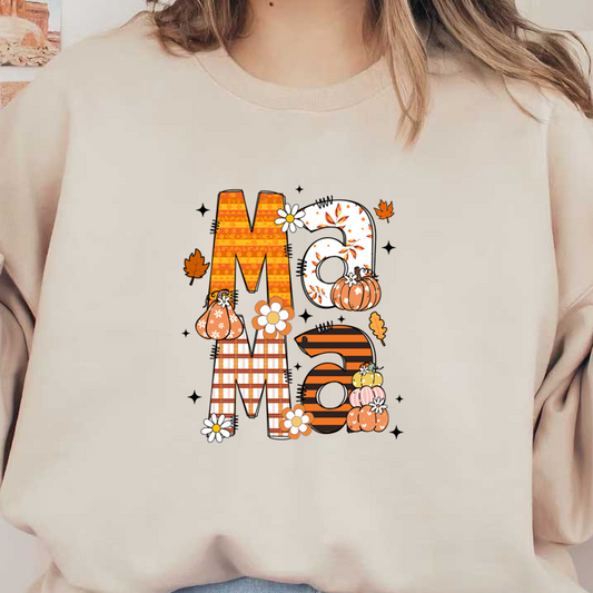 Colorful autumn-themed "Mama" design featuring patterned letters, pumpkins, flowers, and leaves, perfect for celebrating motherhood. heat press transfers