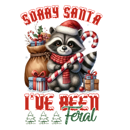 A cute raccoon wearing a Santa hat holds candy canes near festive gifts, with the playful text: "Sorry Santa, I've been Feral." dtf transfers