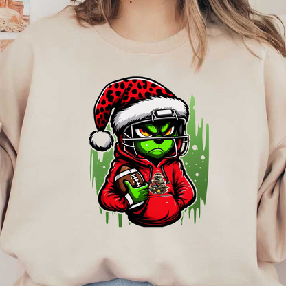 A festive green character wearing a Santa hat and football gear, holding a football, exudes a playful Christmas spirit.DTF Transfers dtf prints