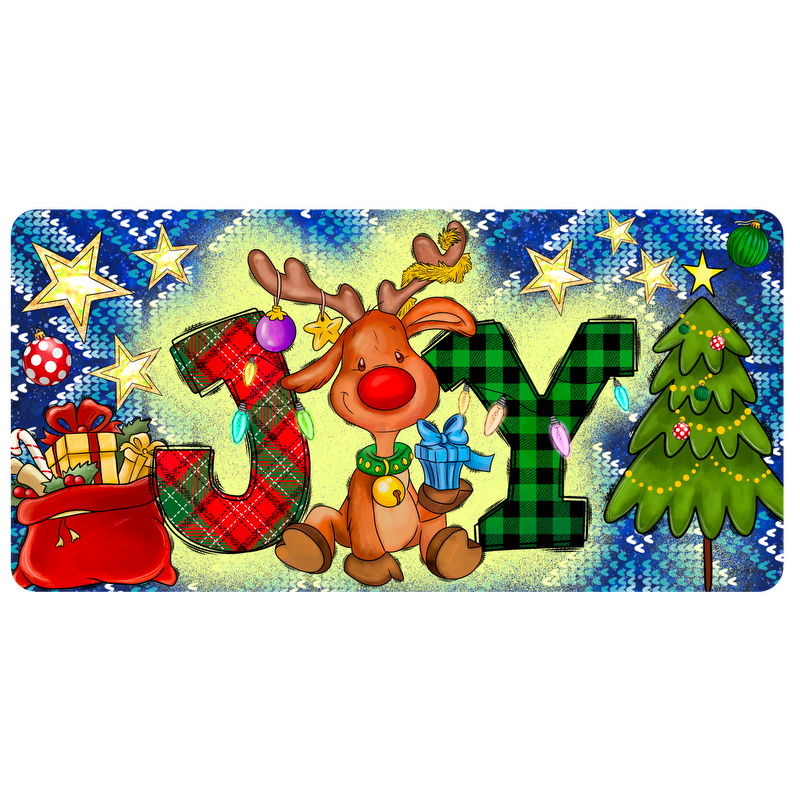 A cheerful cartoon reindeer sits among festive letters spelling "JOY," adorned with gifts, stars, and a decorated Christmas tree.DTF Transfersdtf regular iron