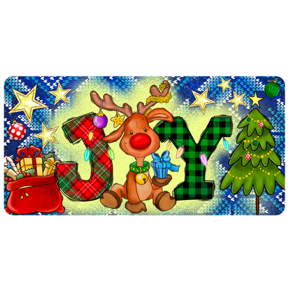 A cheerful cartoon reindeer sits among festive letters spelling "JOY," adorned with gifts, stars, and a decorated Christmas tree.DTF Transfersdtf regular iron