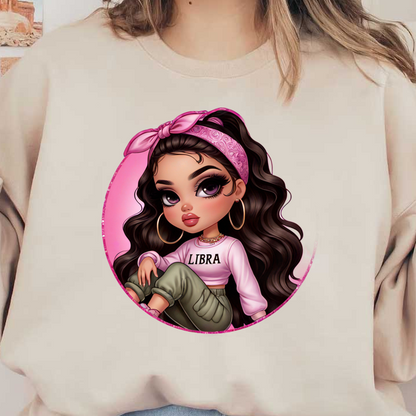 Una elegante chica de dibujos animados con cabello rizado y una diadema rosa viste una camiseta "LIBRA" y pantalones verdes de moda.