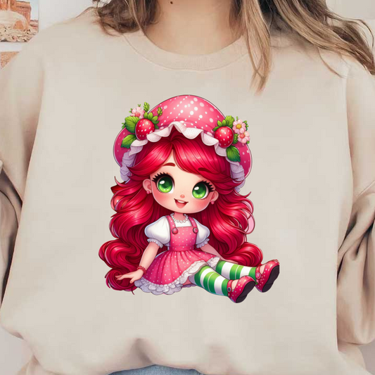 This charming character features vibrant pink hair, a polka-dotted dress, and a whimsical strawberry-themed hat, perfect for any playful theme.DTF Transfers