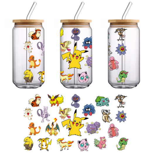 Una colección vibrante de personajes de Pokémon que incluye favoritos como Pikachu, Charizard y Eevee, mostrando varios tipos y estilos. Transferencias UV