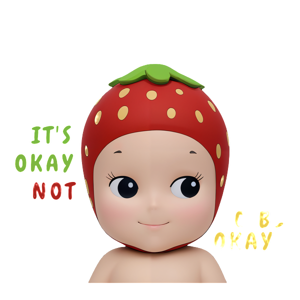 This charming toy features a cute character with a strawberry-themed head, expressing a playful message about emotions.DTF Transfers