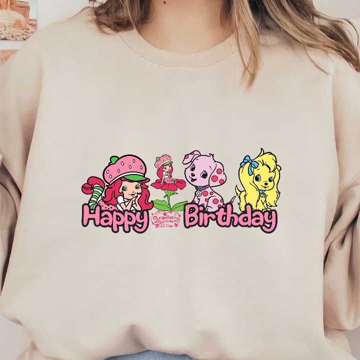 Celebrate with a vibrant "Happy Birthday" design featuring cheerful characters, flowers, and playful colors perfect for a festive occasion!DTF Transfers