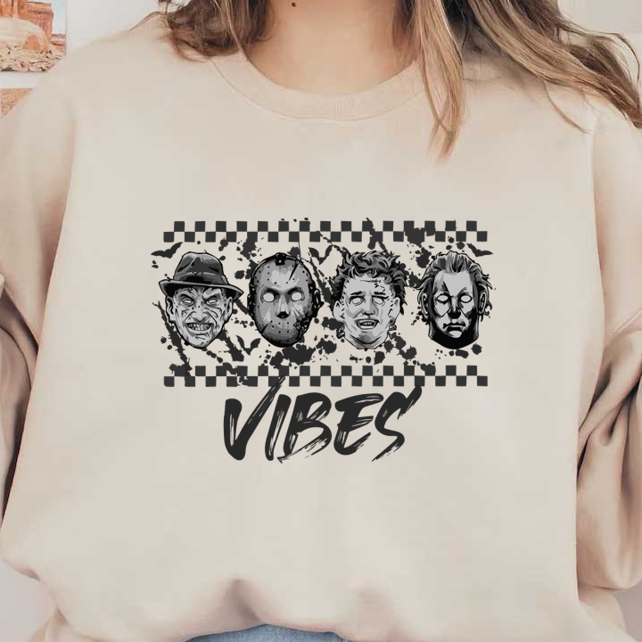 A spooky, artistic design featuring iconic horror movie faces with the text "VIBES" in an edgy style. dtf prints