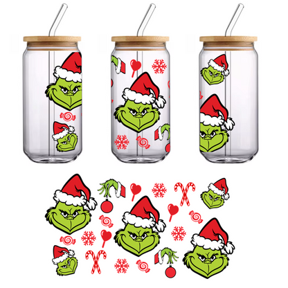 A vibrant, festive pattern featuring the Grinch in a Santa hat among Christmas ornaments, candy canes, and snowflakes.UV Transfersdtf regular iron