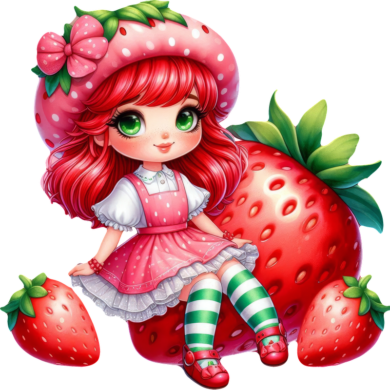 This whimsical illustration features a girl in a strawberry-themed outfit, adorned with a polka-dotted hat and striped stockings, surrounded by oversized strawberries.DTF Transfers