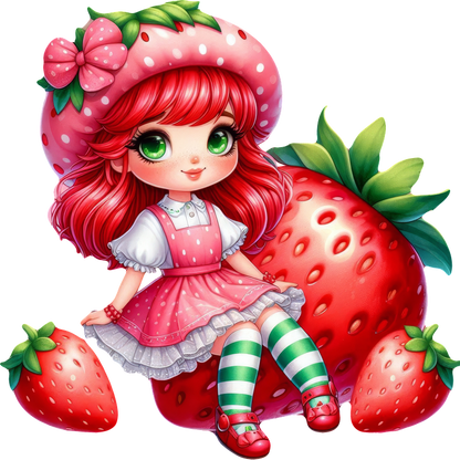 This whimsical illustration features a girl in a strawberry-themed outfit, adorned with a polka-dotted hat and striped stockings, surrounded by oversized strawberries.DTF Transfers