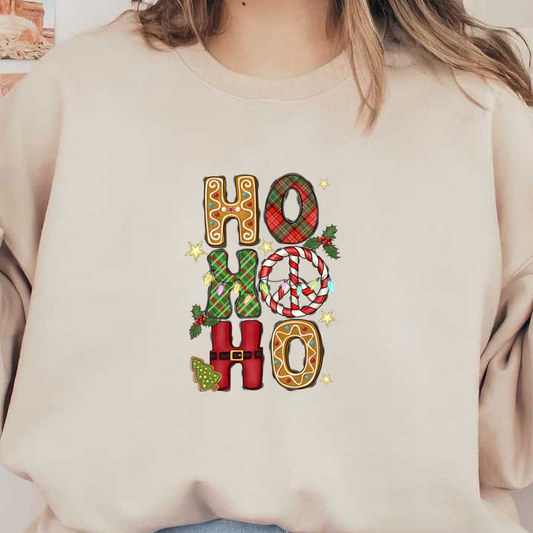 Festively decorated letters spell out "HO HO HO," featuring plaid patterns, candy canes, and holiday elements for a cheerful Christmas vibe.DTF Transfers heat press transfers dtf transfers