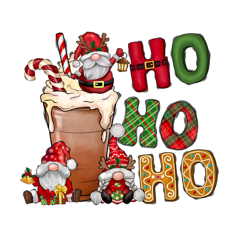 A festive illustration featuring cheerful gnomes and Santa around a delicious holiday drink, complete with vibrant "Ho Ho Ho" lettering.DTF Transfers heat press transfersdtf regular iron