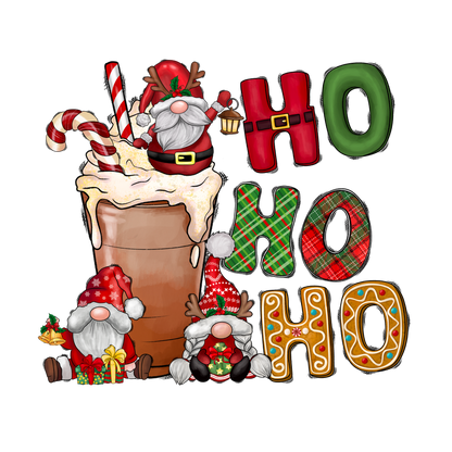 A festive illustration featuring cheerful gnomes and Santa around a delicious holiday drink, complete with vibrant "Ho Ho Ho" lettering.DTF Transfers heat press transfersdtf regular iron