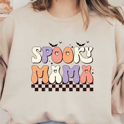 A playful design featuring the phrase "Spooky Mamma" in colorful, bubbly letters, perfect for a festive Halloween vibe. dtf prints