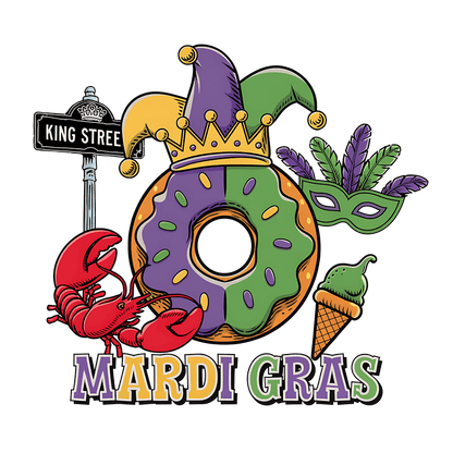 Celebrate Mardi Gras with a vibrant illustration featuring a colorful donut, festive masks, seafood, and ice cream, all inspired by the festival!DTF Transfers