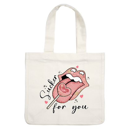 A playful illustration featuring a pink tongue with a heart-shaped lollipop, complemented by the phrase “Sucker for you” in stylish lettering.DTF Transfers