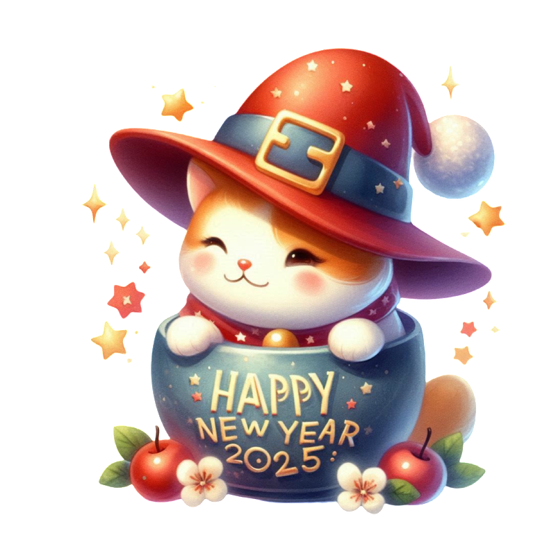 A cheerful cat in a festive hat sits in a pot, celebrating with the text "Happy New Year 2025!"DTF Transfers