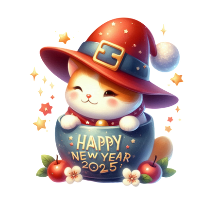 A cheerful cat in a festive hat sits in a pot, celebrating with the text "Happy New Year 2025!"DTF Transfers