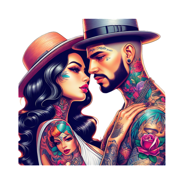 Vibrant illustration of a tattooed couple embracing, showcasing intricate body art and stylish hats against a colorful backdrop.DTF Transfers