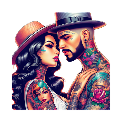 Vibrant illustration of a tattooed couple embracing, showcasing intricate body art and stylish hats against a colorful backdrop.DTF Transfers