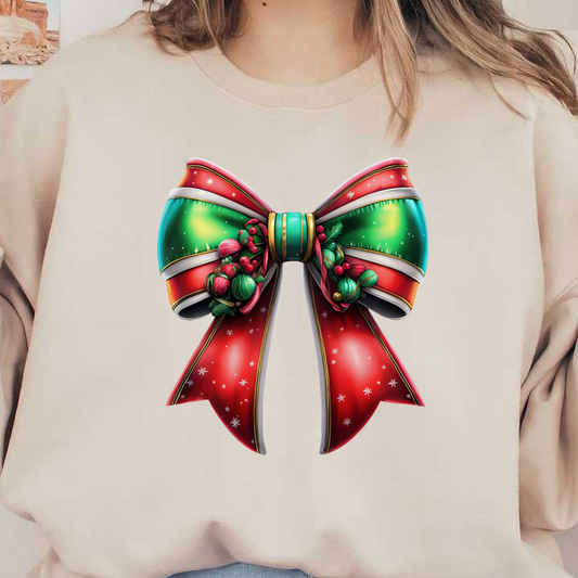 This vibrant Christmas bow features striking red and green colors, adorned with festive ornaments and a cheerful design.