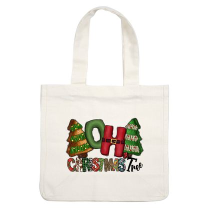 Cheerful Christmas-themed design featuring playful letters and decorated trees, embodying festive spirit and joyful holiday vibes.DTF Transfers dtf prints