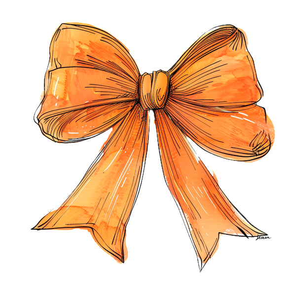 A vibrant orange ribbon bow, beautifully illustrated with flowing tails and textured detailing, perfect for decorations or gifts. dtf transfers