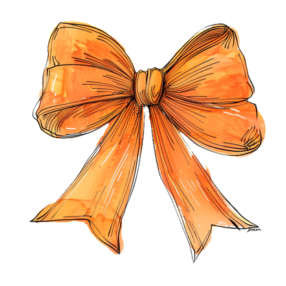 A vibrant orange ribbon bow, beautifully illustrated with flowing tails and textured detailing, perfect for decorations or gifts. dtf transfers