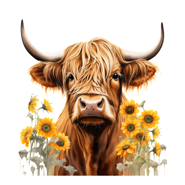 Una encantadora vaca de las Highlands rodeada de vibrantes girasoles, que exhibe su distintivo pelo largo y sus majestuosos cuernos.