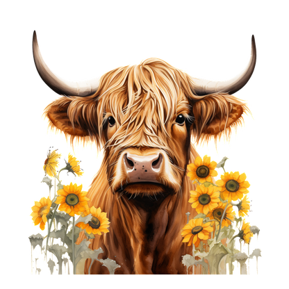 Una encantadora vaca de las Highlands rodeada de vibrantes girasoles, que exhibe su distintivo pelo largo y sus majestuosos cuernos.