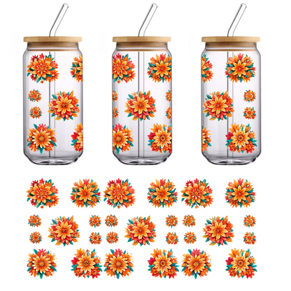 A vibrant collection of multicolored flower illustrations, featuring various sizes and detailed petals in shades of orange and teal.UV Transfersdtf regular iron