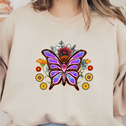 Una mariposa vibrante y estilizada rodeada de flores coloridas, con tonos intensos de púrpura, rosa y marrón para un toque caprichoso.