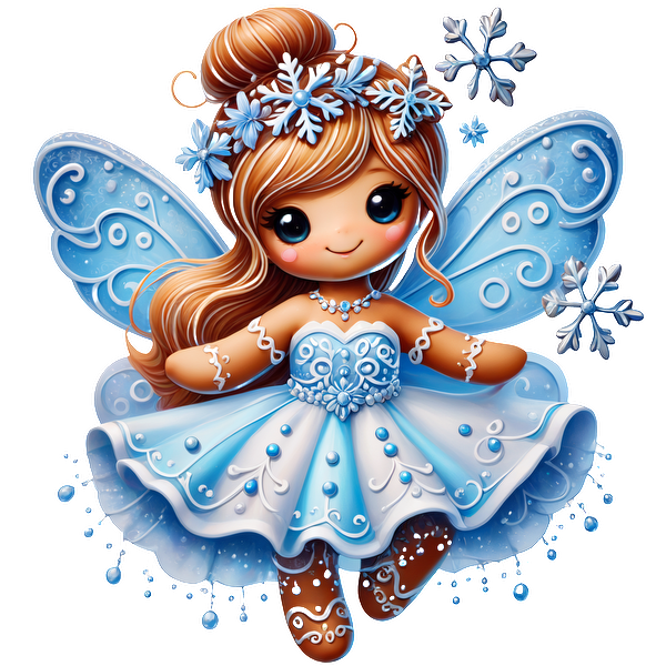 A charming blue fairy with sparkling wings and a beautiful dress, adorned with snowflakes and intricate details.DTF Transfers heat press transfers