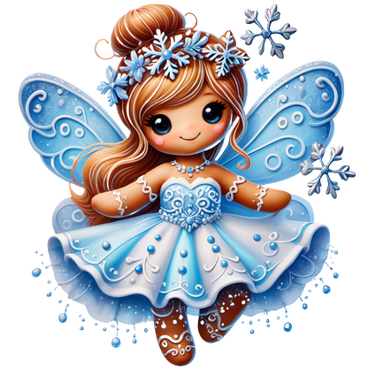 A charming blue fairy with sparkling wings and a beautiful dress, adorned with snowflakes and intricate details.DTF Transfers heat press transfers