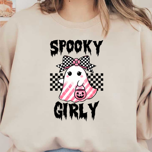 This cute ghost features pink stripes, a black and white checkered bow, and holds a pumpkin-themed candy bucket, perfect for Halloween!